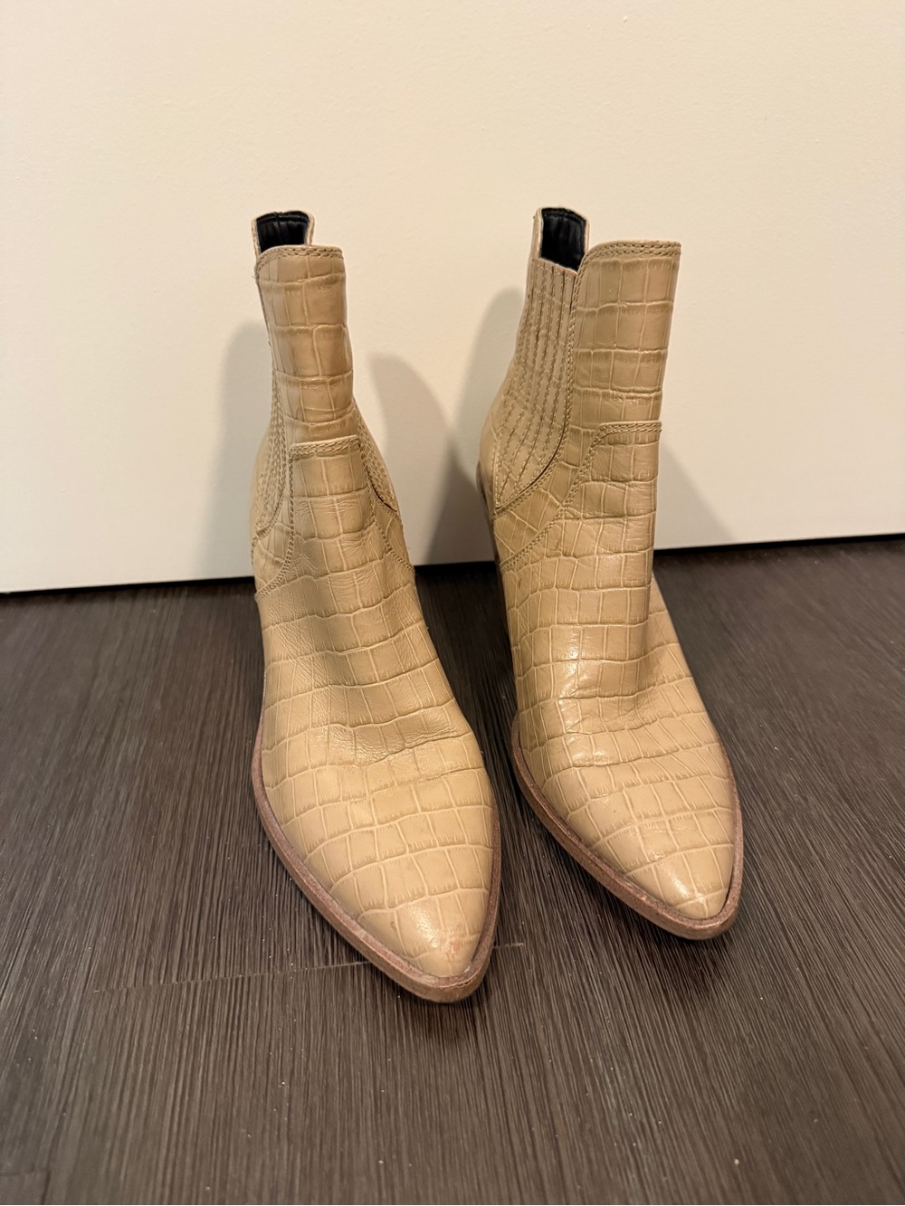 Neutral Croc-Embossed Pointed Toe Chelsea Boots